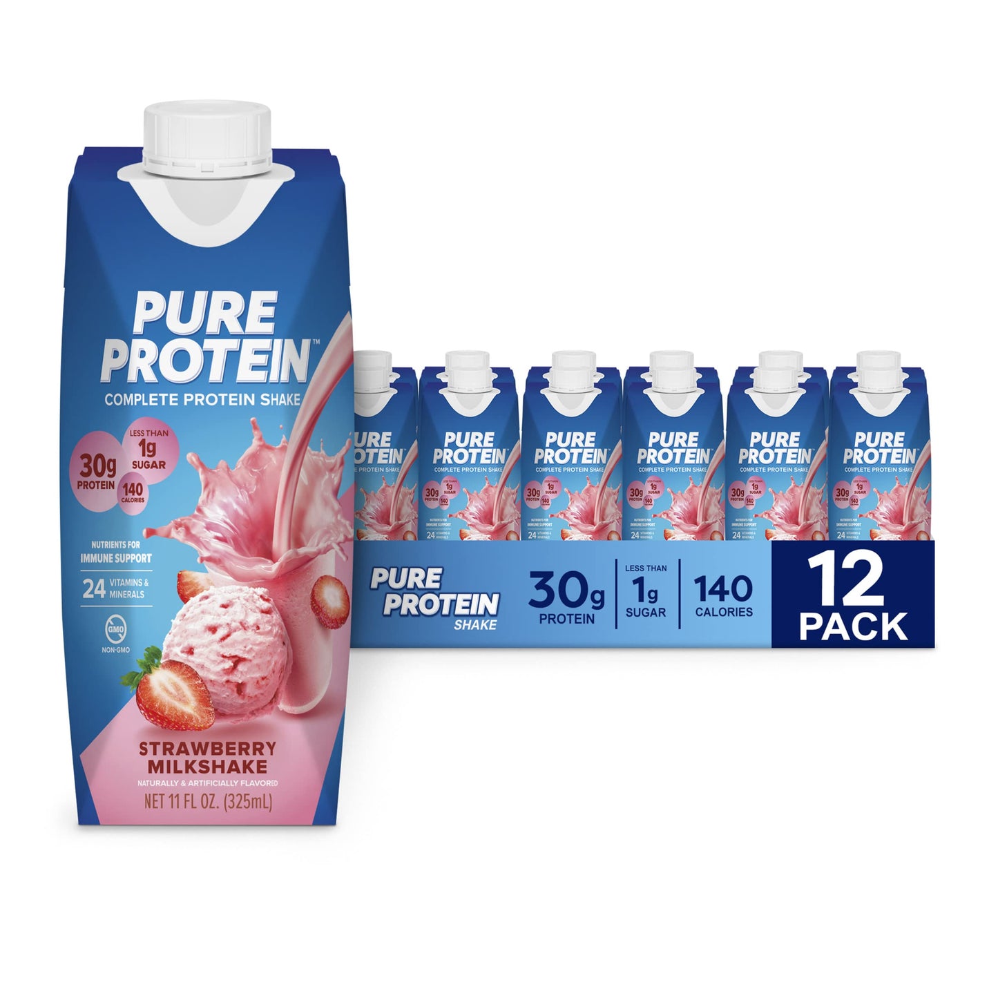 Pure Protein Vanilla Protein Shake, 30g Complete Protein, Vitamins A, C, D, and E plus Zinc to Support Immune Health, Ready to Drink and Keto-Friendly, 11oz Bottles, 12 Pack