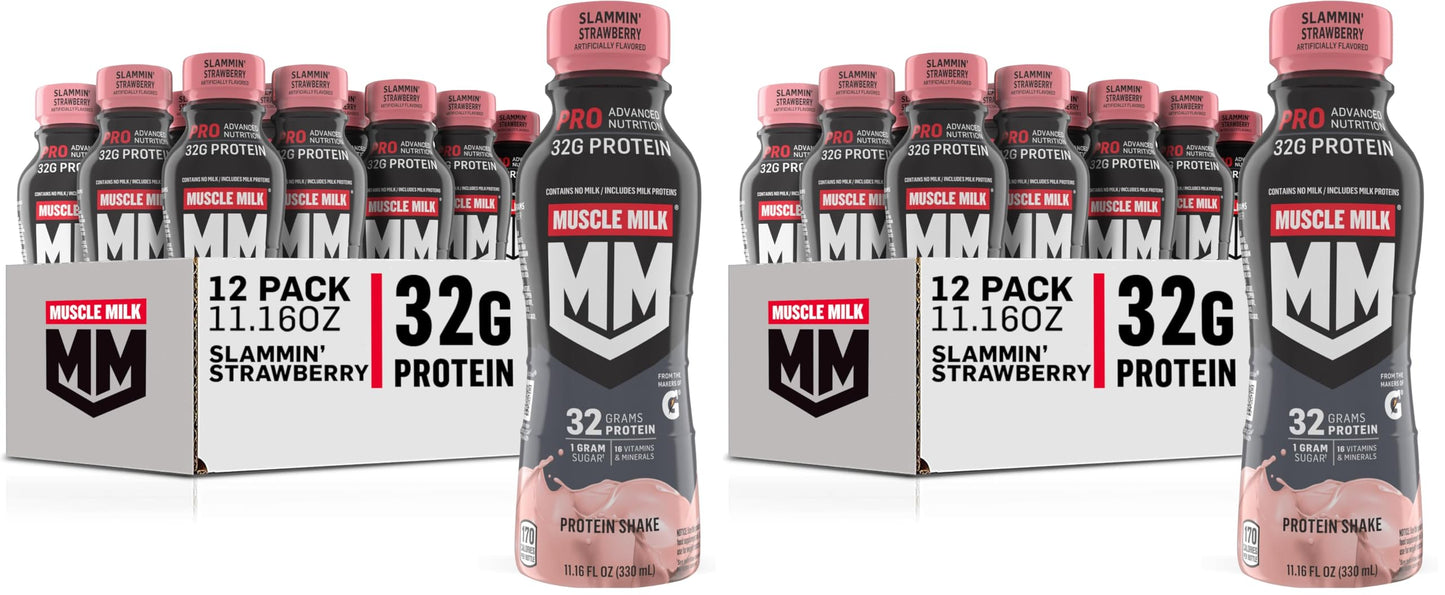 Muscle Milk Pro Advanced Nutrition Protein Shake, Slammin' Strawberry, 11.16 Fl Oz (Pack of 12), 32g Protein, 1g Sugar, 16 Vitamins & Minerals, 5g Fiber, Bottled Liquid, Gluten Free