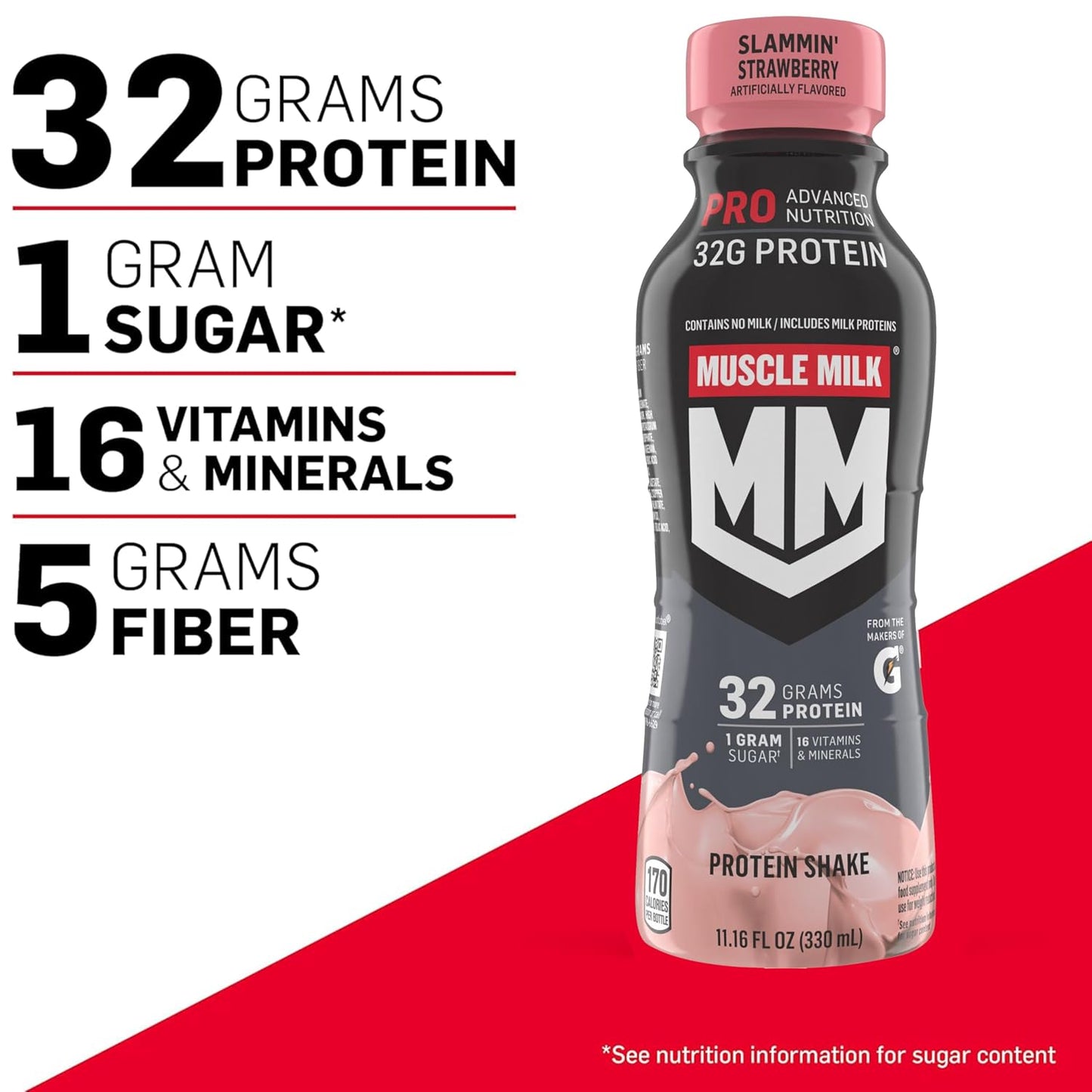 Muscle Milk Pro Advanced Nutrition Protein Shake, Slammin' Strawberry, 11.16 Fl Oz (Pack of 12), 32g Protein, 1g Sugar, 16 Vitamins & Minerals, 5g Fiber, Bottled Liquid, Gluten Free