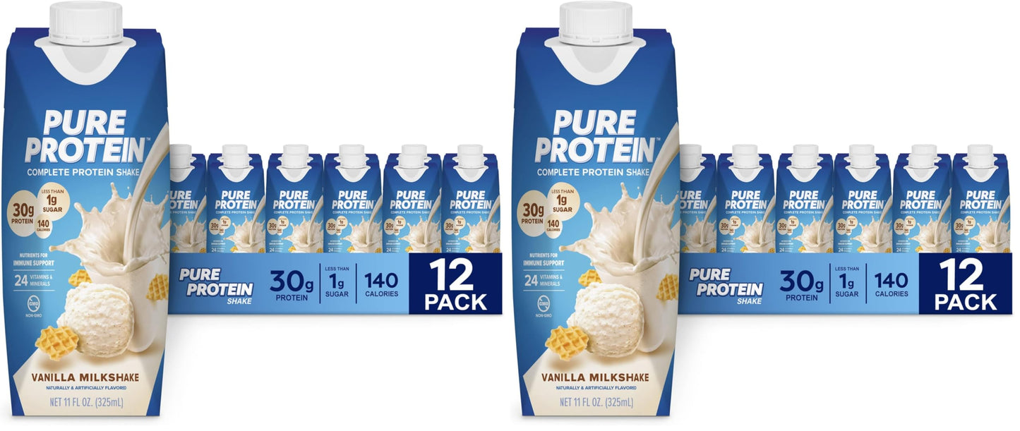 Pure Protein Vanilla Protein Shake, 30g Complete Protein, Vitamins A, C, D, and E plus Zinc to Support Immune Health, Ready to Drink and Keto-Friendly, 11oz Bottles, 12 Pack