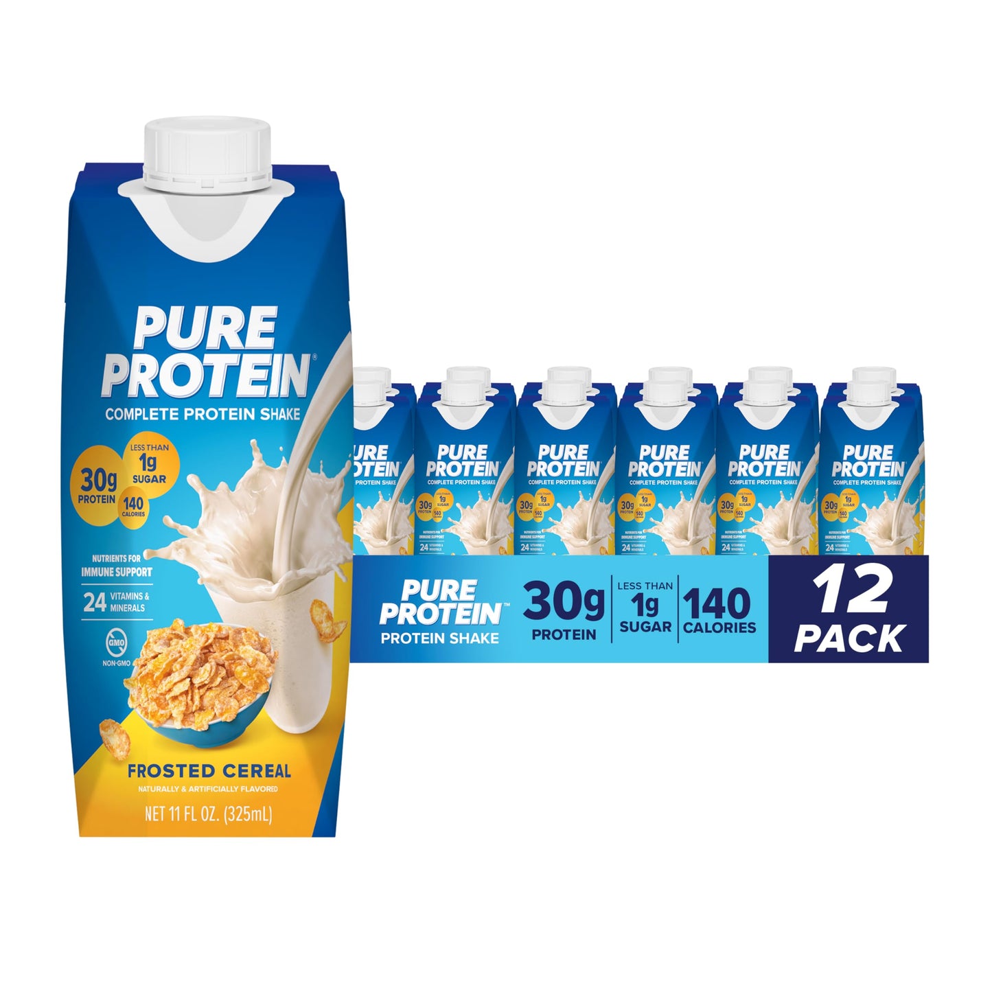 Pure Protein Vanilla Protein Shake, 30g Complete Protein, Vitamins A, C, D, and E plus Zinc to Support Immune Health, Ready to Drink and Keto-Friendly, 11oz Bottles, 12 Pack