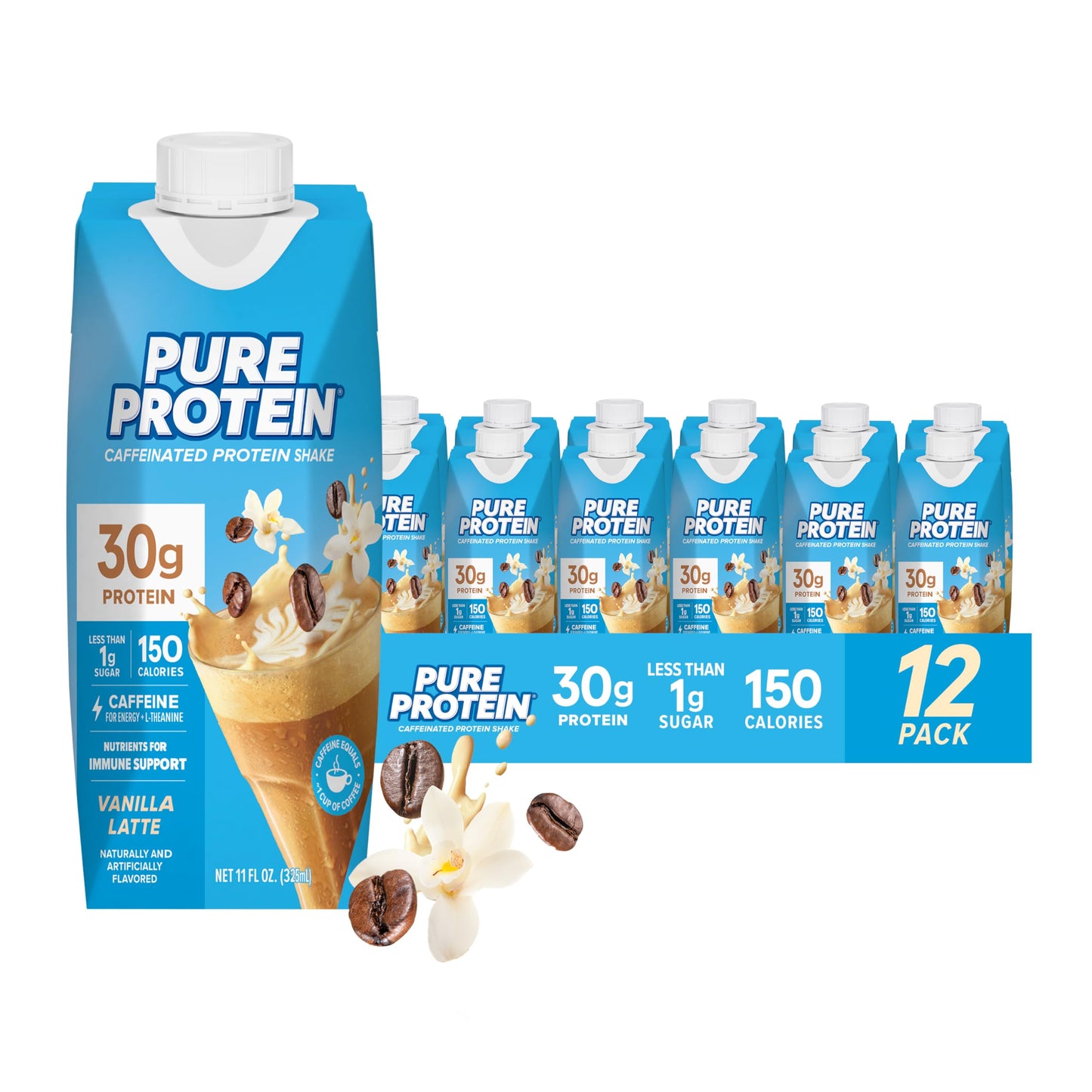 Pure Protein Vanilla Protein Shake, 30g Complete Protein, Vitamins A, C, D, and E plus Zinc to Support Immune Health, Ready to Drink and Keto-Friendly, 11oz Bottles, 12 Pack