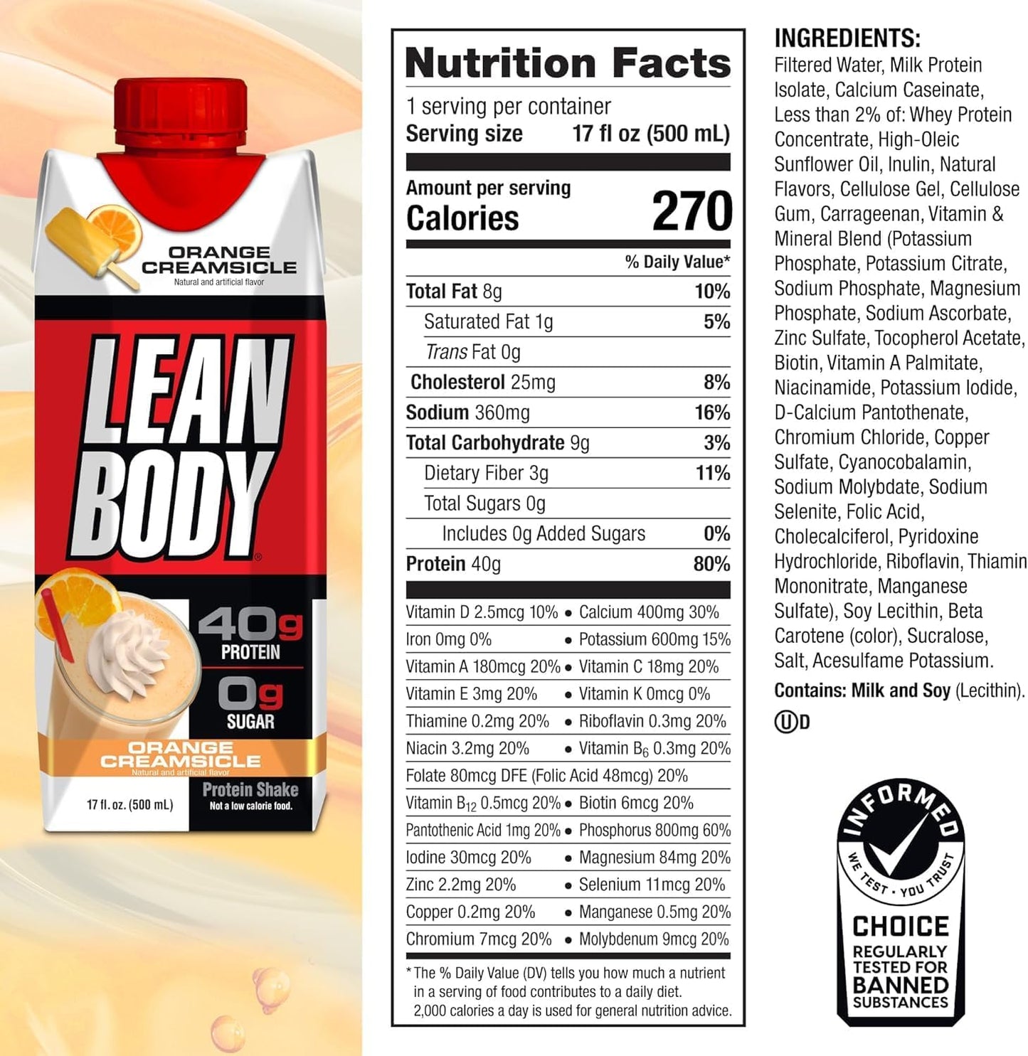 LABRADA Lean Body Ready-to-Drink Orange Creamsicle Protein Shake, 40g Protein, Whey Blend, 0 Sugar, Gluten Free, 22 Vitamins & Minerals, 17 Fl Oz (Pack of 12)