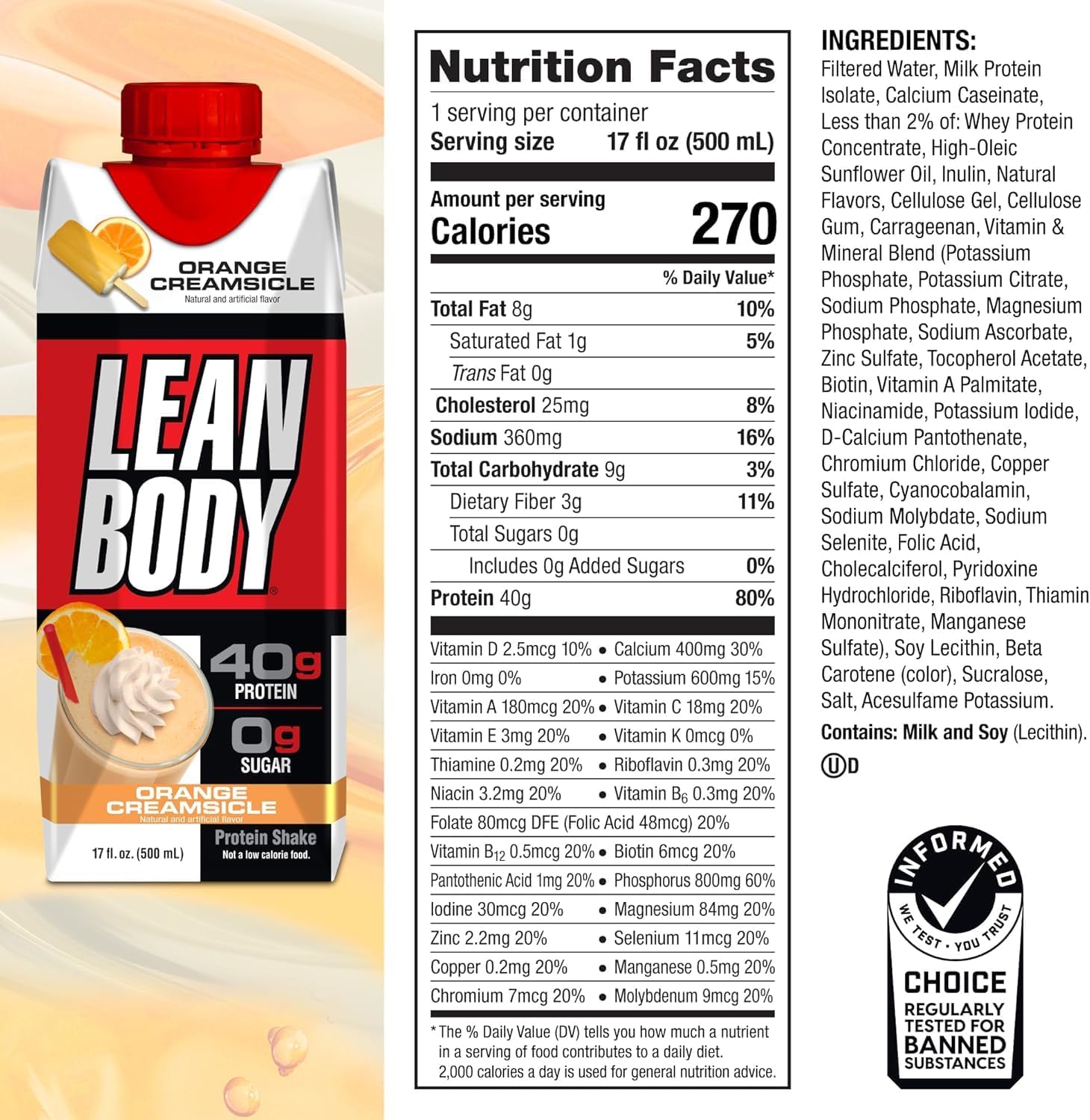 LABRADA Lean Body Ready-to-Drink Orange Creamsicle Protein Shake, 40g Protein, Whey Blend, 0 Sugar, Gluten Free, 22 Vitamins & Minerals, 17 Fl Oz (Pack of 12)