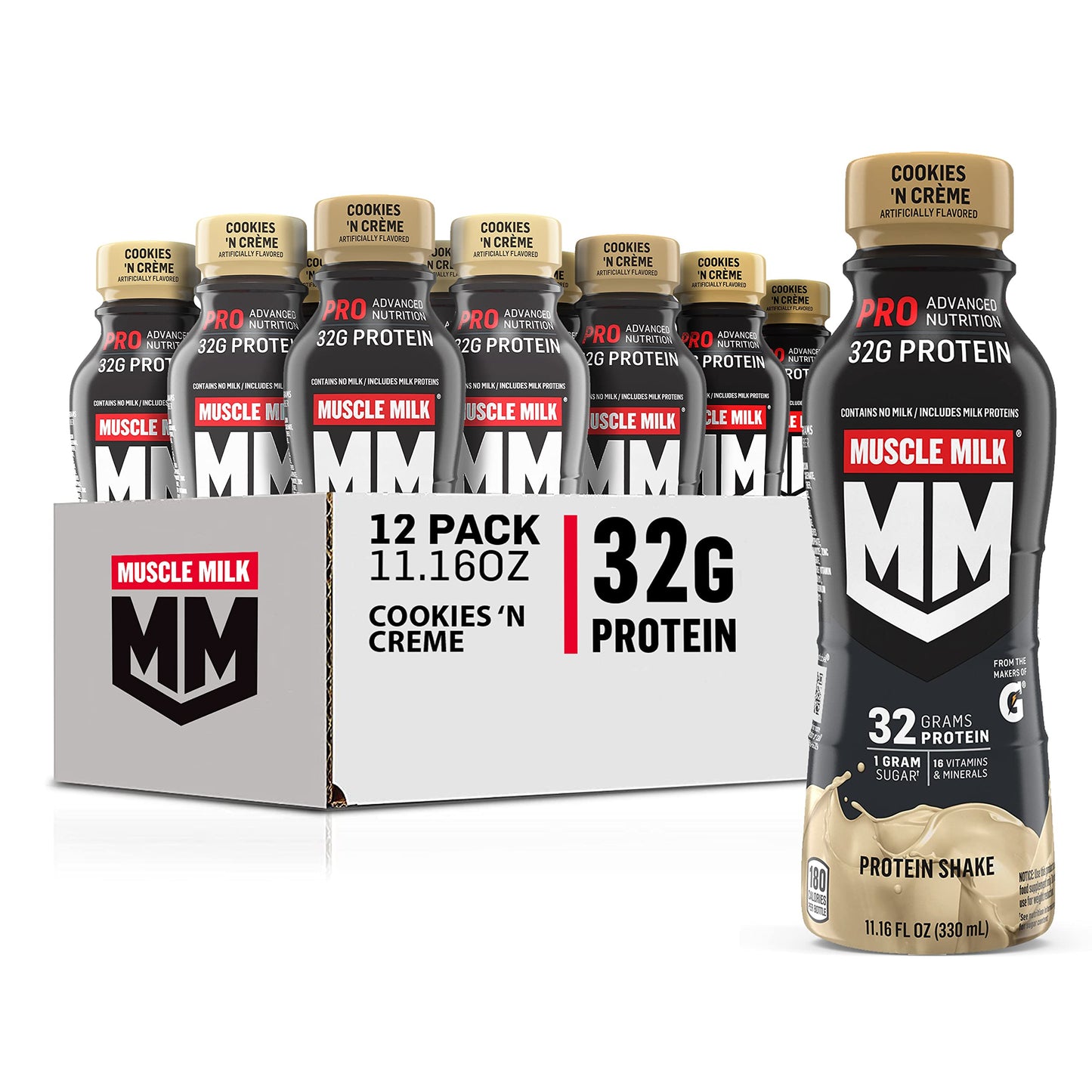 Muscle Milk Pro Advanced Nutrition Protein Shake, Slammin' Strawberry, 11.16 Fl Oz (Pack of 12), 32g Protein, 1g Sugar, 16 Vitamins & Minerals, 5g Fiber, Bottled Liquid, Gluten Free