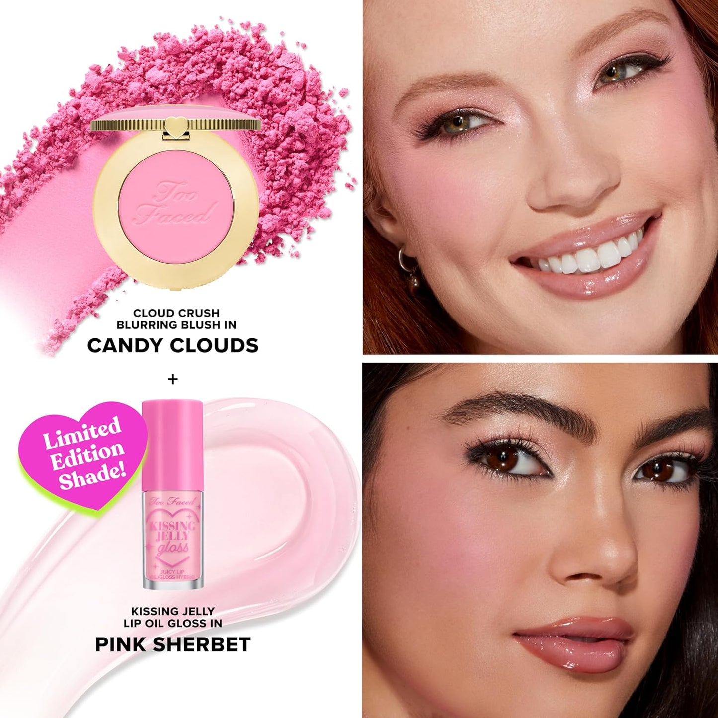 Too Faced Dream A Little Dream Blush & Lip Gloss Set | Cloud Crush Powder Blush + Kissing Jelly Lip Oil With Sheer Coverage, Gift Set