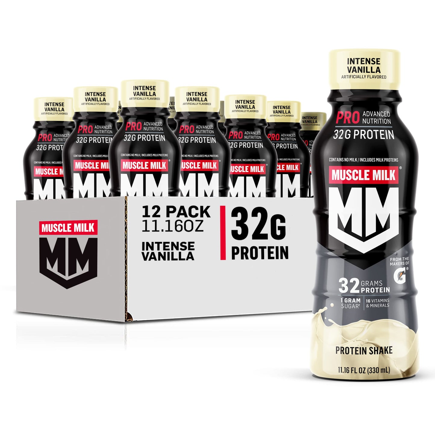 Muscle Milk Pro Advanced Nutrition Protein Shake, Slammin' Strawberry, 11.16 Fl Oz (Pack of 12), 32g Protein, 1g Sugar, 16 Vitamins & Minerals, 5g Fiber, Bottled Liquid, Gluten Free