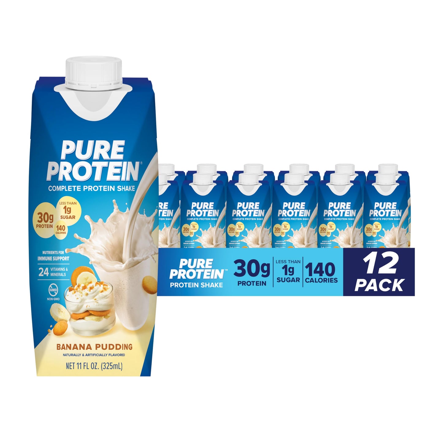 Pure Protein Vanilla Protein Shake, 30g Complete Protein, Vitamins A, C, D, and E plus Zinc to Support Immune Health, Ready to Drink and Keto-Friendly, 11oz Bottles, 12 Pack