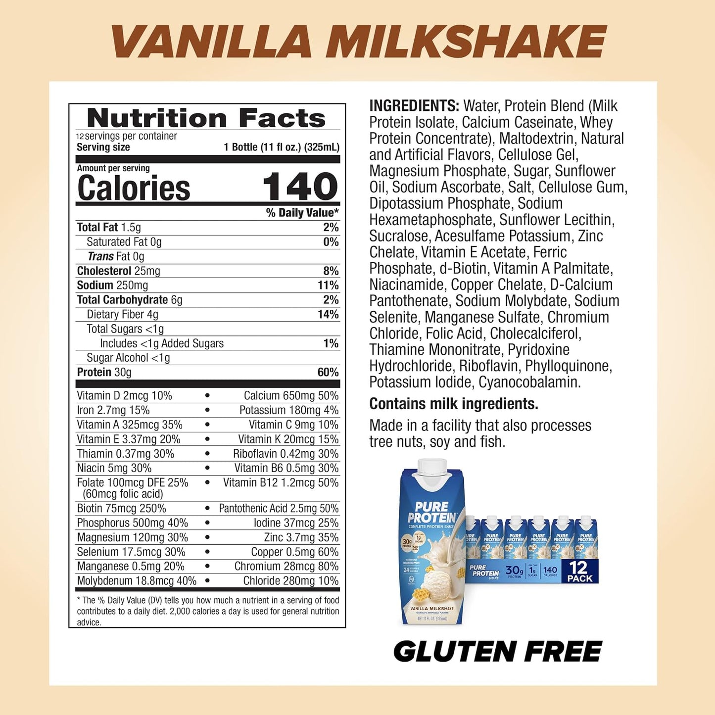 Pure Protein Vanilla Protein Shake, 30g Complete Protein, Vitamins A, C, D, and E plus Zinc to Support Immune Health, Ready to Drink and Keto-Friendly, 11oz Bottles, 12 Pack