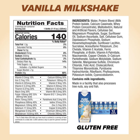 Pure Protein Vanilla Protein Shake, 30g Complete Protein, Vitamins A, C, D, and E plus Zinc to Support Immune Health, Ready to Drink and Keto-Friendly, 11oz Bottles, 12 Pack